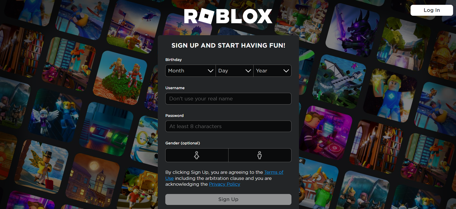 Roblox Sign up menu