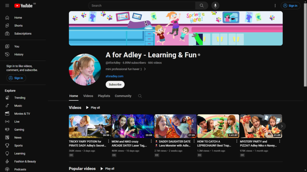 A For Adley YouTube Channel
